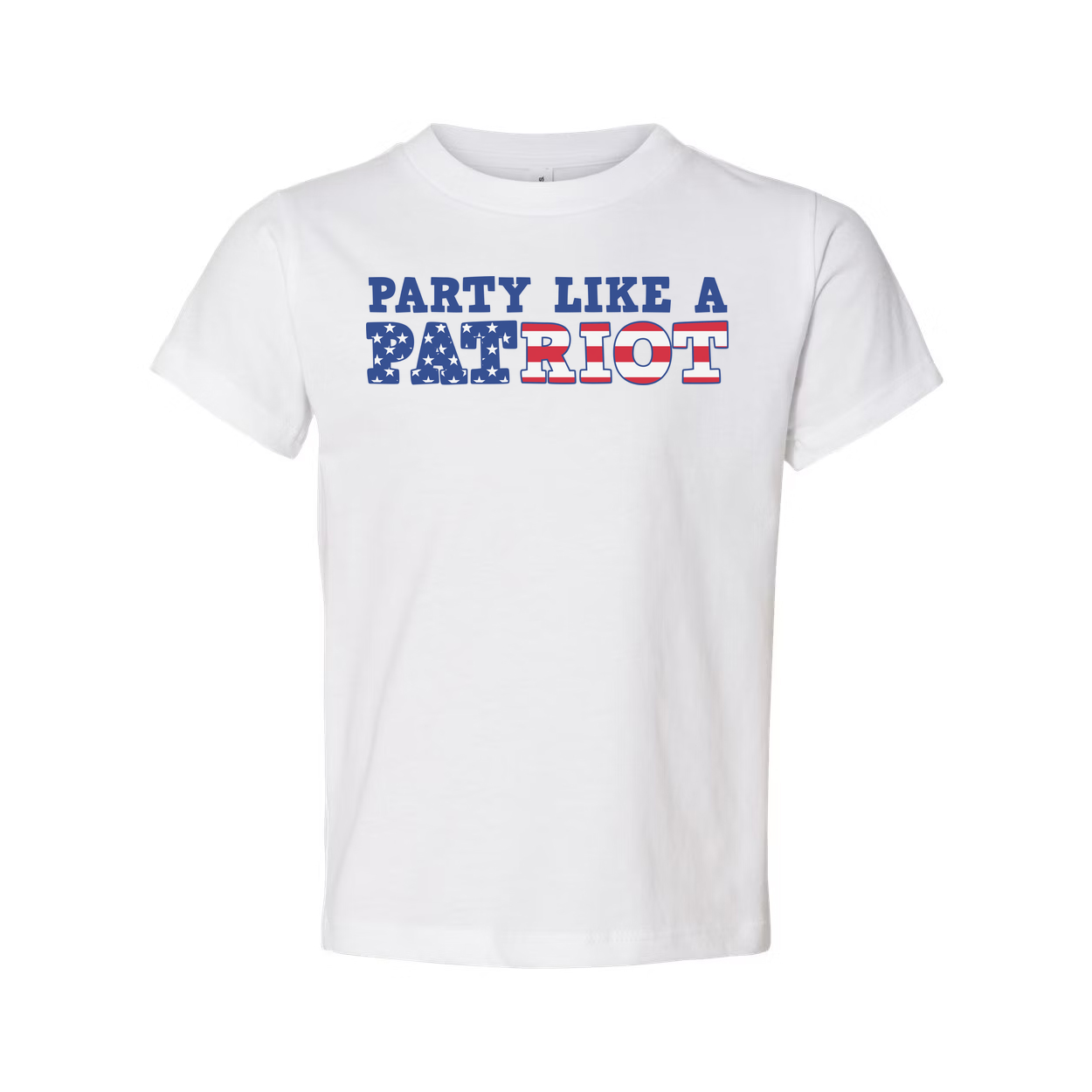 Unisex Short Sleeve Graphic Tee Featuring Party Like A Patriot With Stars And Stripes Lettering