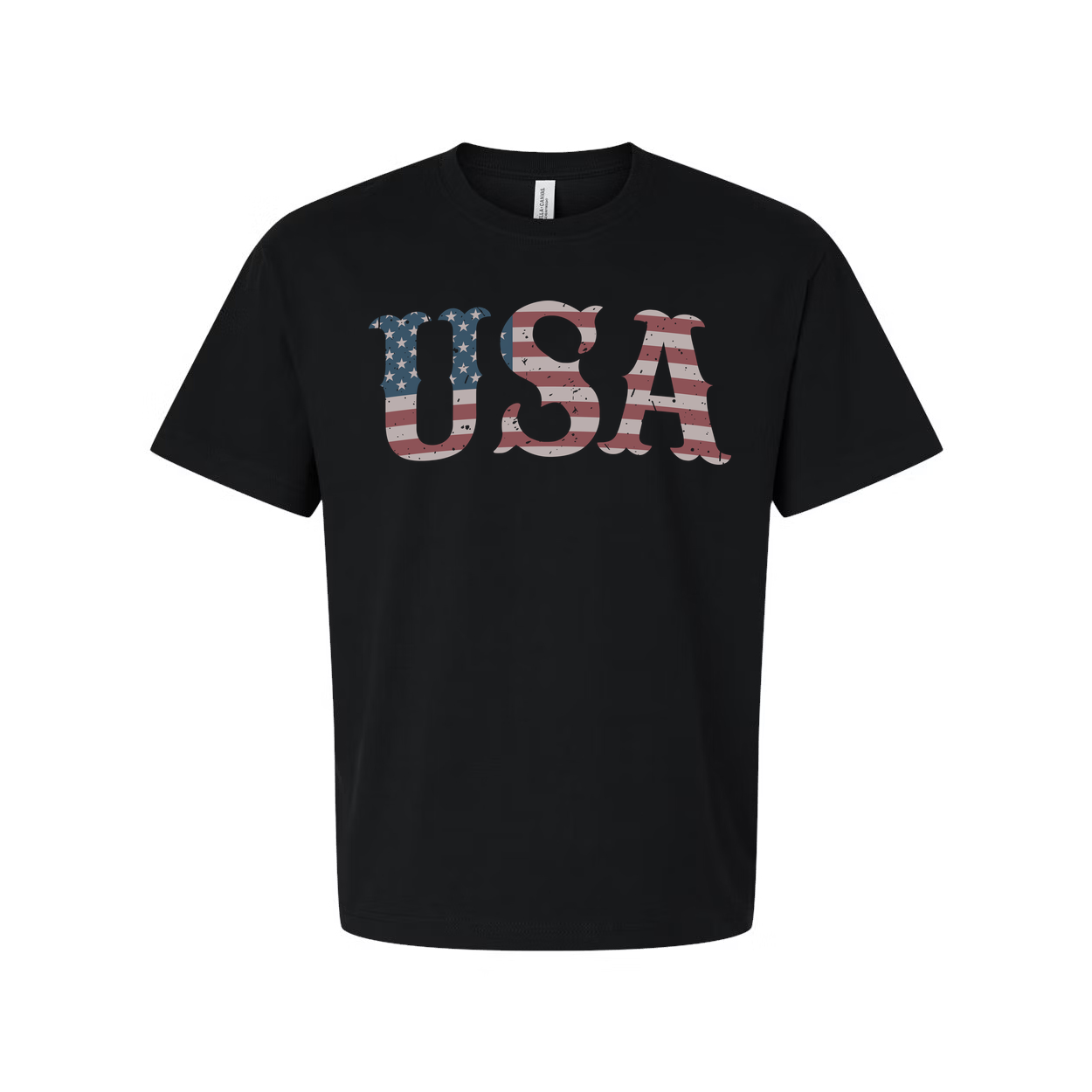 Unisex USA Flag Letter Graphic Tee With Distressed Stars And Stripes Design Short Sleeve