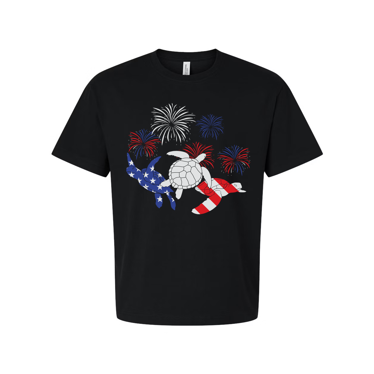 Stars And Stripes Turtle Graphic Tee With Fireworks Artwork For Independence Day And Summer Wear