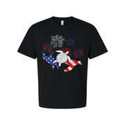 Stars And Stripes Turtle Graphic Tee With Fireworks Artwork For Independence Day And Summer Wear