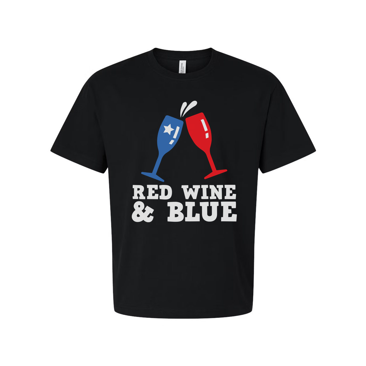 Red Wine And Blue Clinking Glasses Graphic Tee For Unisex Adults Patriotic Celebration Design