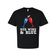 Red Wine And Blue Clinking Glasses Graphic Tee For Unisex Adults Patriotic Celebration Design