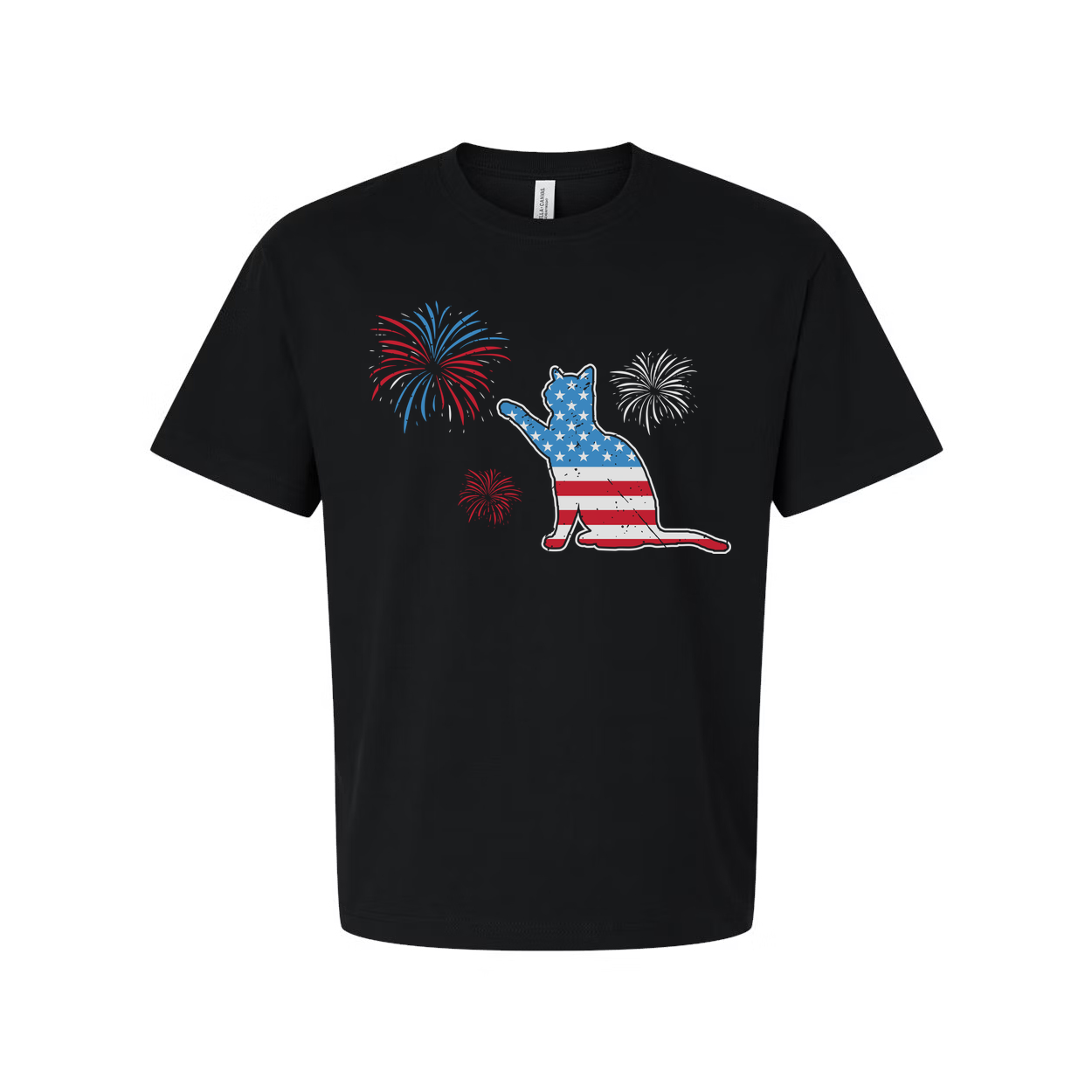 Patriotic Cat Graphic T Shirt With American Flag Pattern And Firework Design Unisex