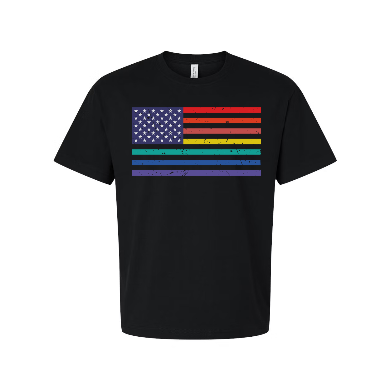 Unisex American Flag Tee With Rainbow Stripes Graphic Across Chest For Pride And Equality