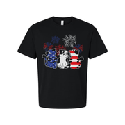 Patriotic Cat Trio T Shirt Featuring Three Cats With American Flag Patterns And Fireworks