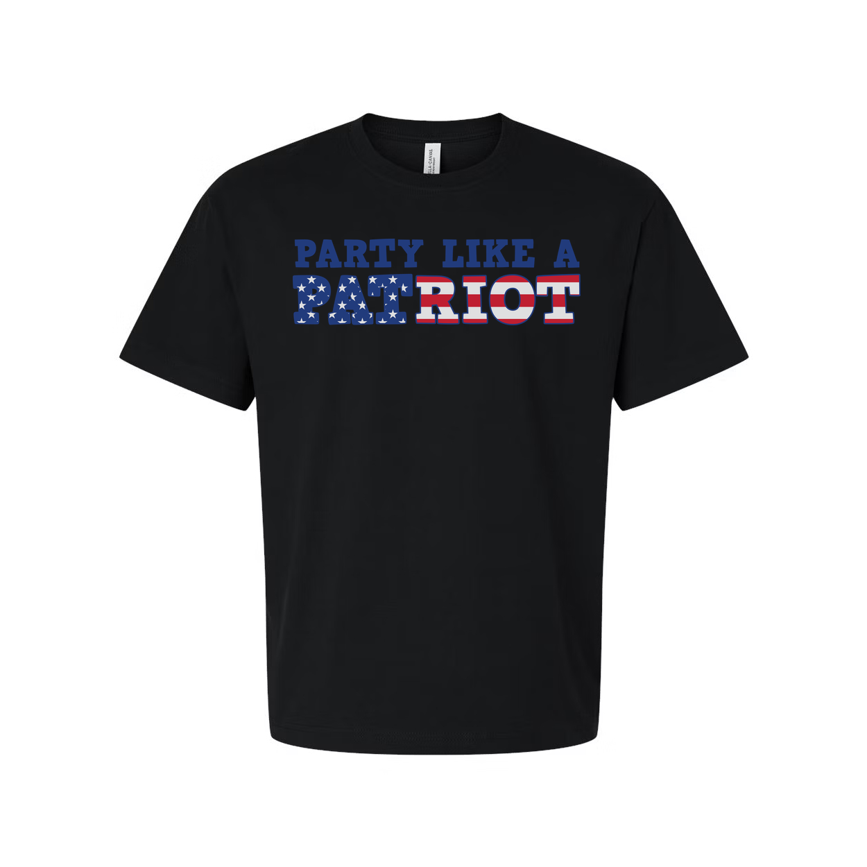 Unisex Short Sleeve Graphic Tee Featuring Party Like A Patriot With Stars And Stripes Lettering