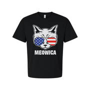 Meowica American Flag Sunglasses Cat Graphic Unisex Short Sleeve Tee With Bold Print