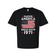 Unisex T Shirt With Distressed American Flag Graphic And Making America Great Since 1971