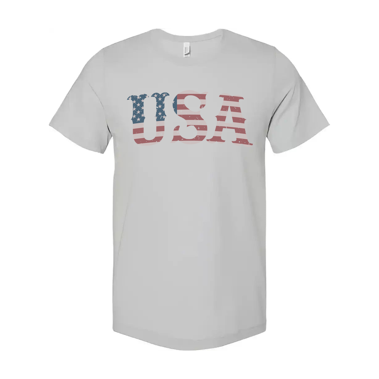 Unisex USA Flag Letter Graphic Tee With Distressed Stars And Stripes Design Short Sleeve