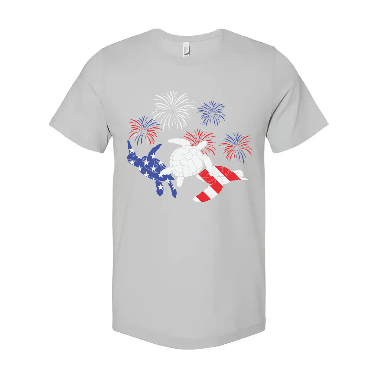 Stars And Stripes Turtle Graphic Tee With Fireworks Artwork For Independence Day And Summer Wear