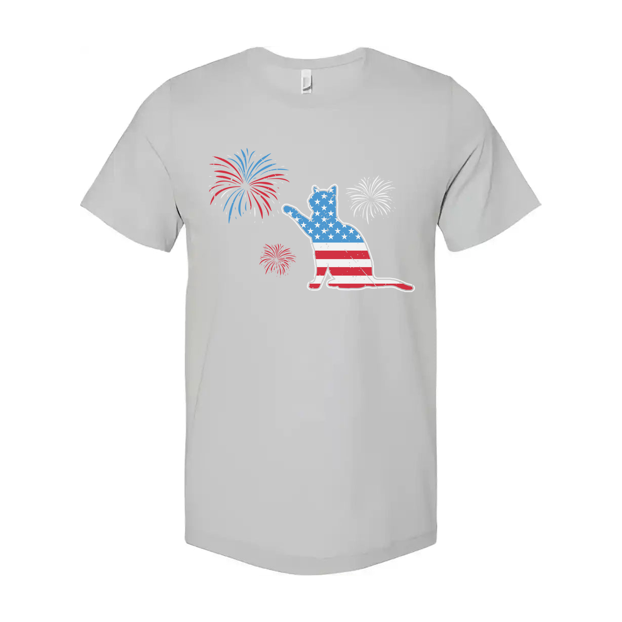 Patriotic Cat Graphic T Shirt With American Flag Pattern And Firework Design Unisex