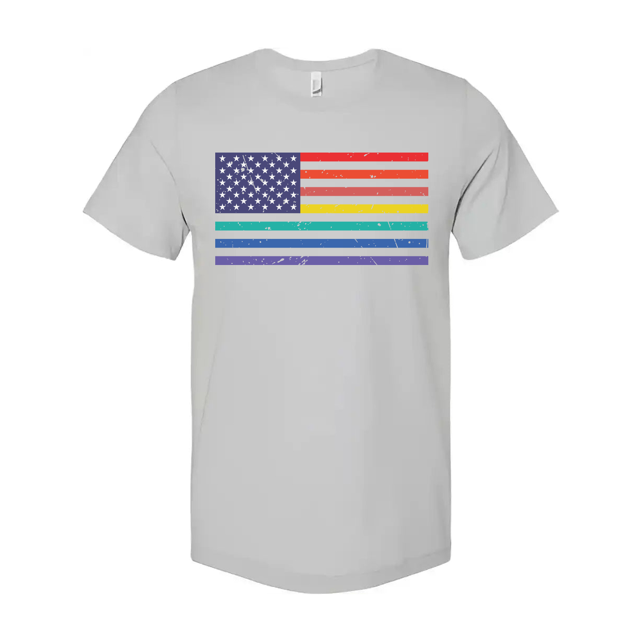 Unisex American Flag Tee With Rainbow Stripes Graphic Across Chest For Pride And Equality