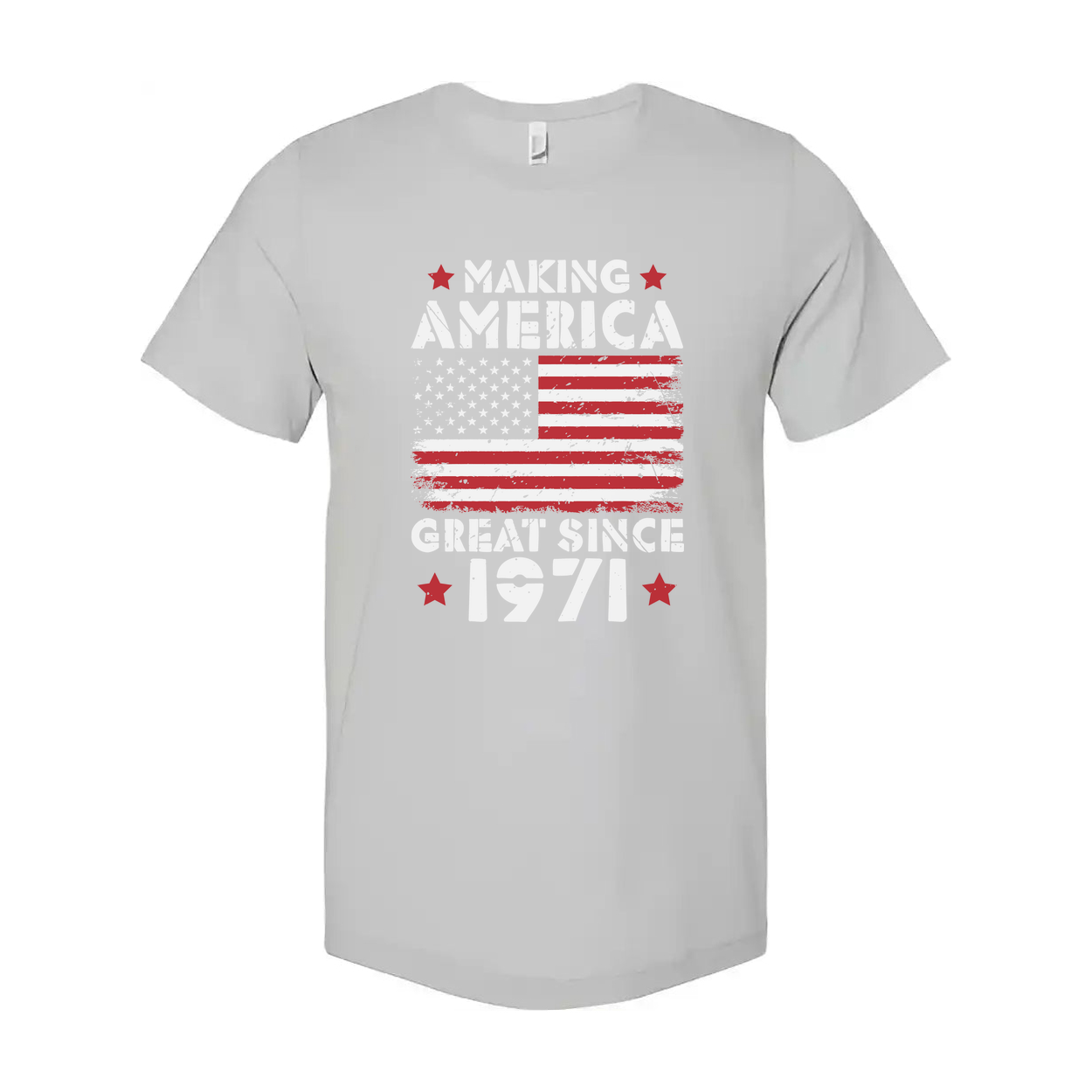 Unisex T Shirt With Distressed American Flag Graphic And Making America Great Since 1971