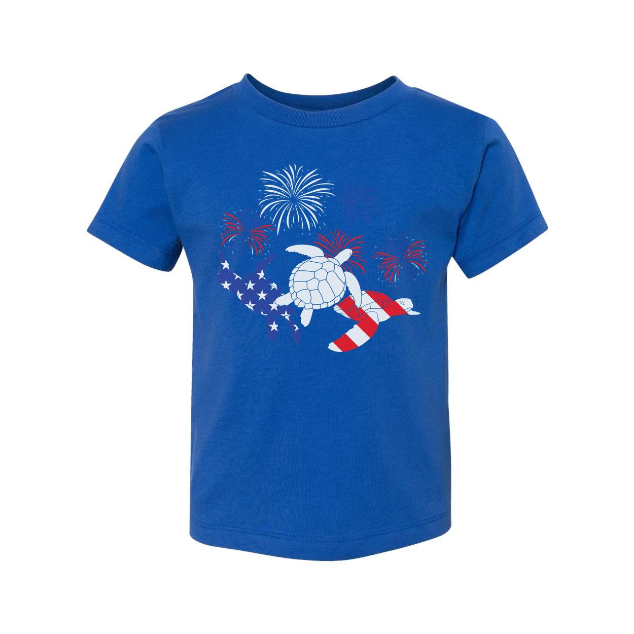 Stars And Stripes Turtle Graphic Tee With Fireworks Artwork For Independence Day And Summer Wear