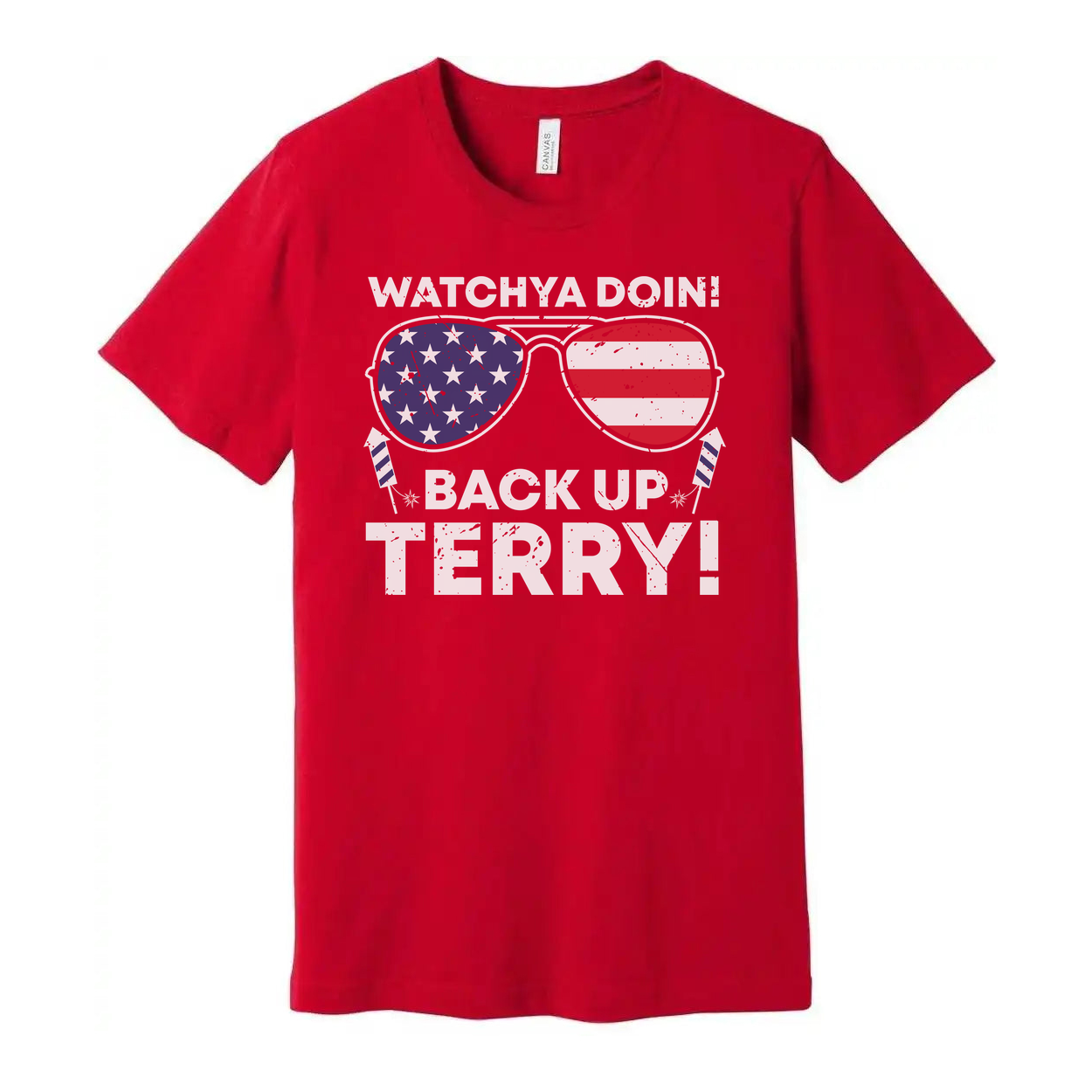 Unisex Patriotic Graphic Tee With Star Spangled Sunglasses and Back Up Terry Text