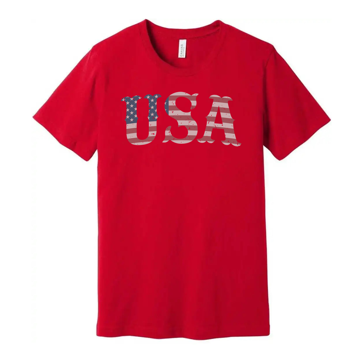 Unisex USA Flag Letter Graphic Tee With Distressed Stars And Stripes Design Short Sleeve