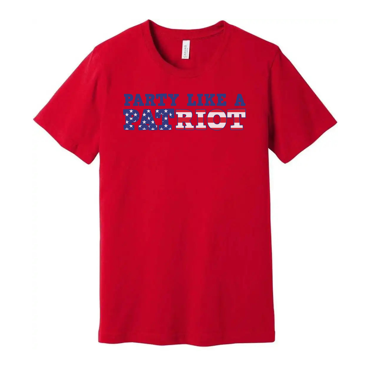 Unisex Short Sleeve Graphic Tee Featuring Party Like A Patriot With Stars And Stripes Lettering