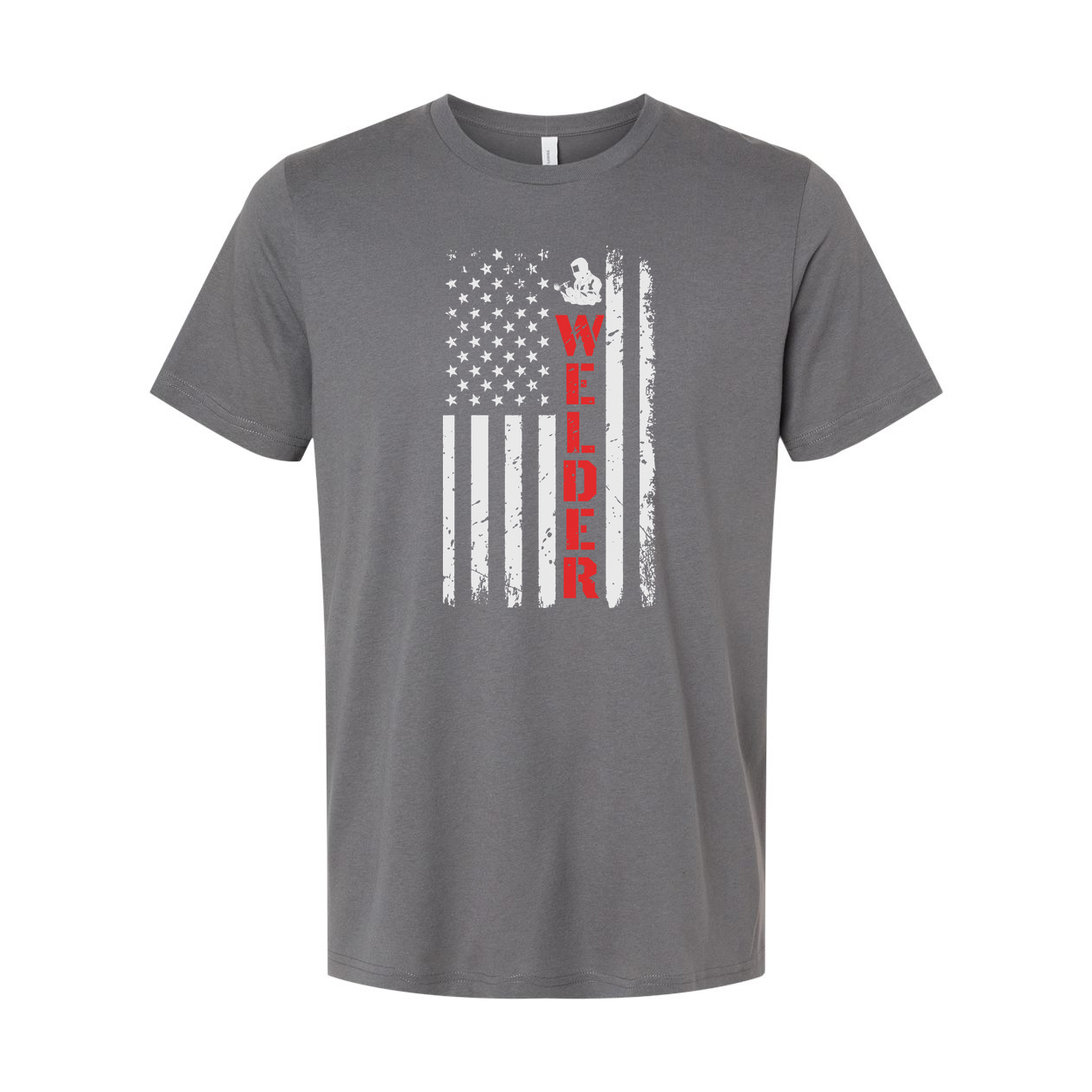 Unisex Welder Flag Graphic T Shirt With Distressed American Flag And Red Vertical Welder Text