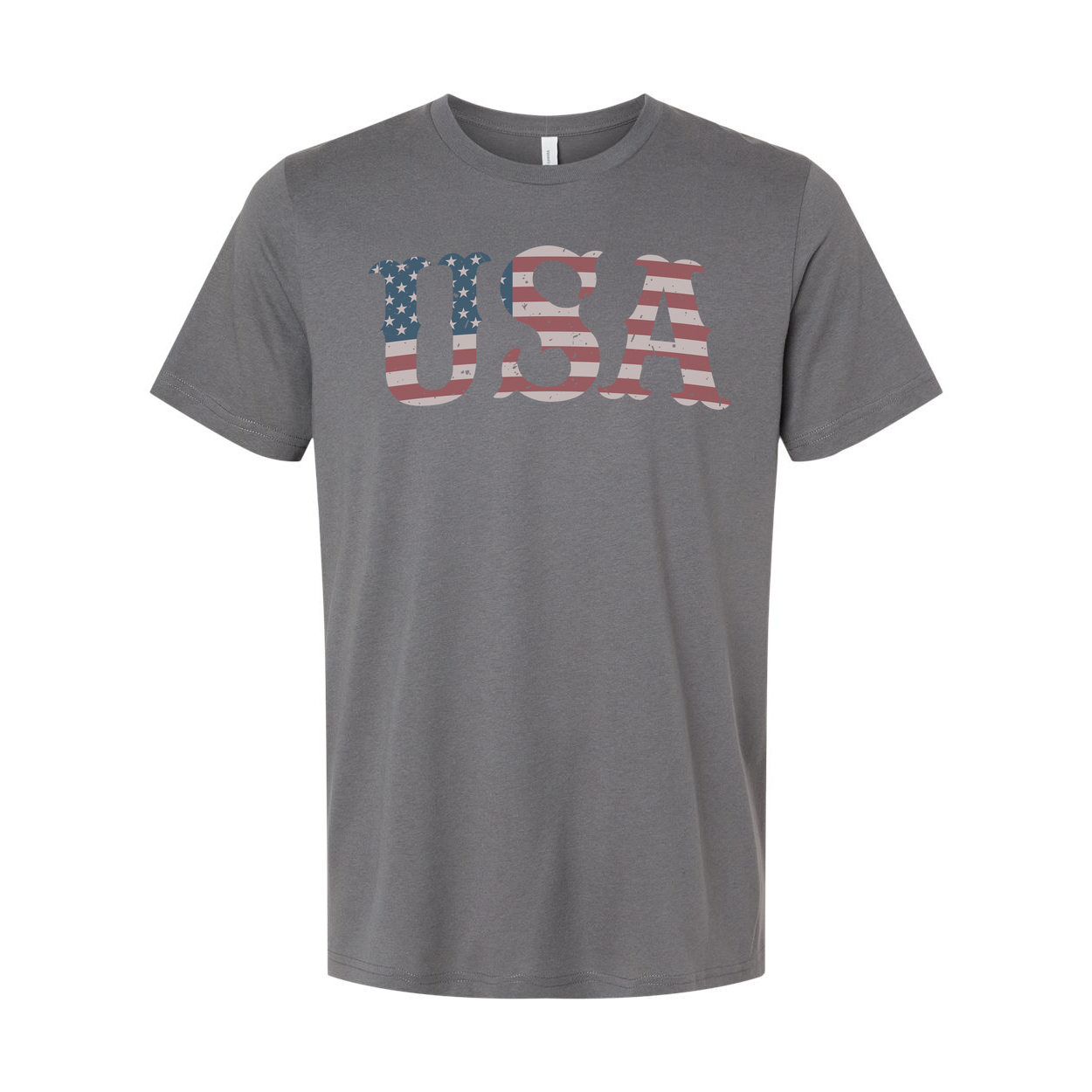 Unisex USA Flag Letter Graphic Tee With Distressed Stars And Stripes Design Short Sleeve