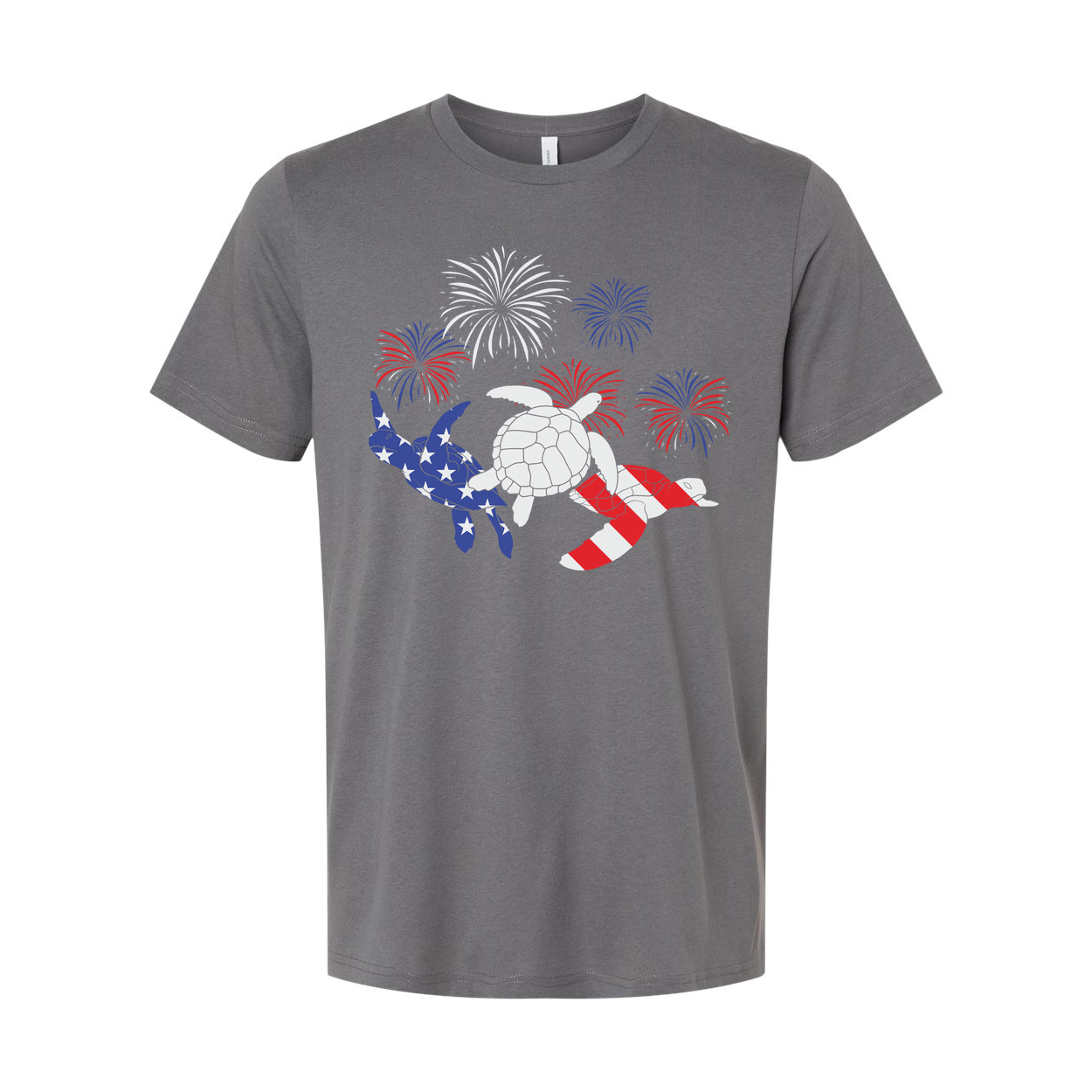 Stars And Stripes Turtle Graphic Tee With Fireworks Artwork For Independence Day And Summer Wear