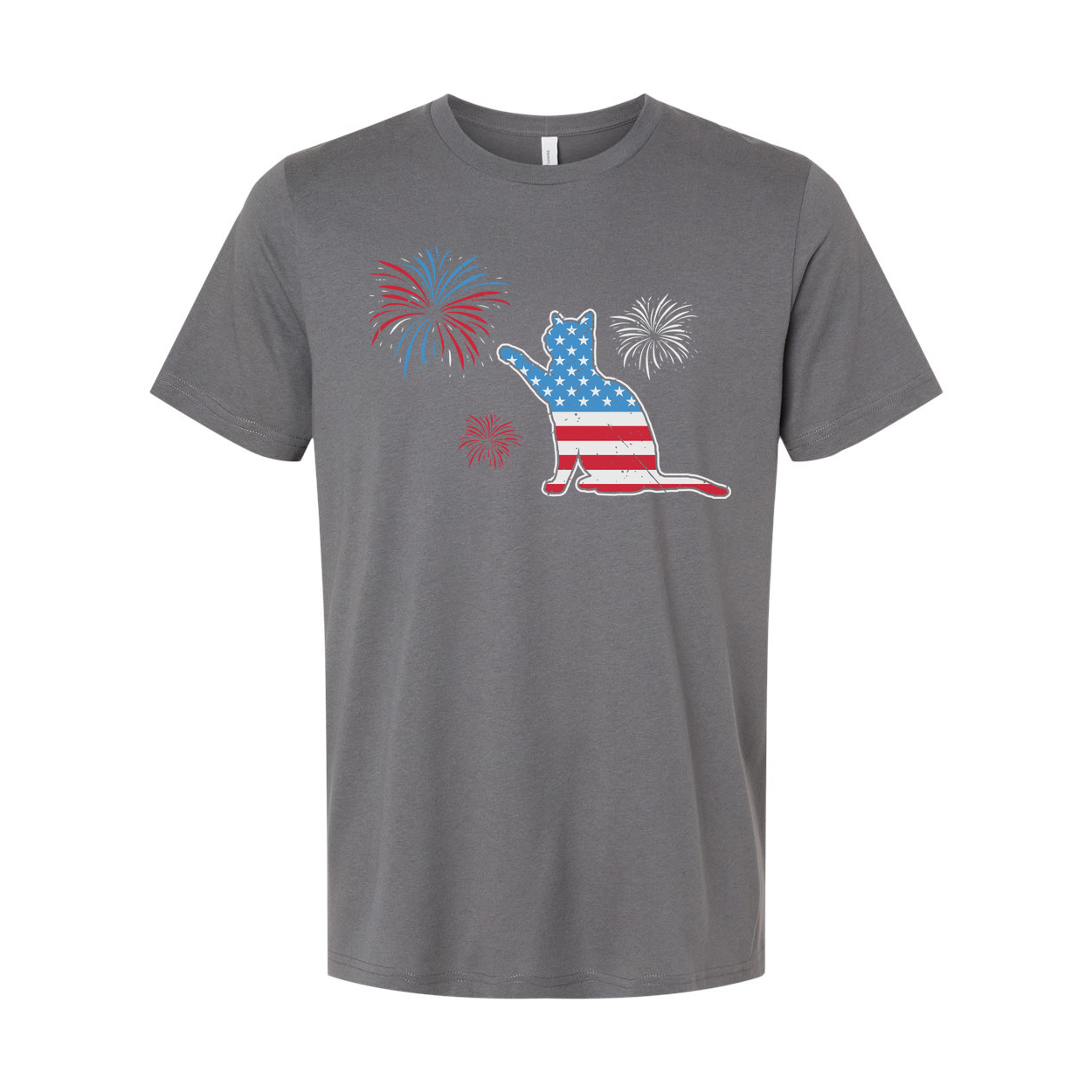 Patriotic Cat Graphic T Shirt With American Flag Pattern And Firework Design Unisex
