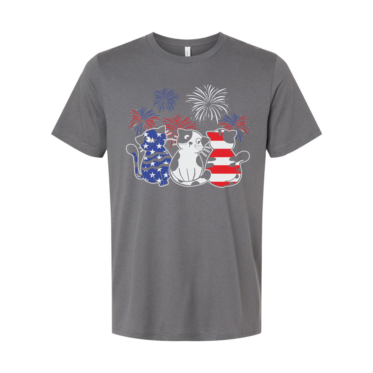 Patriotic Cat Trio T Shirt Featuring Three Cats With American Flag Patterns And Fireworks