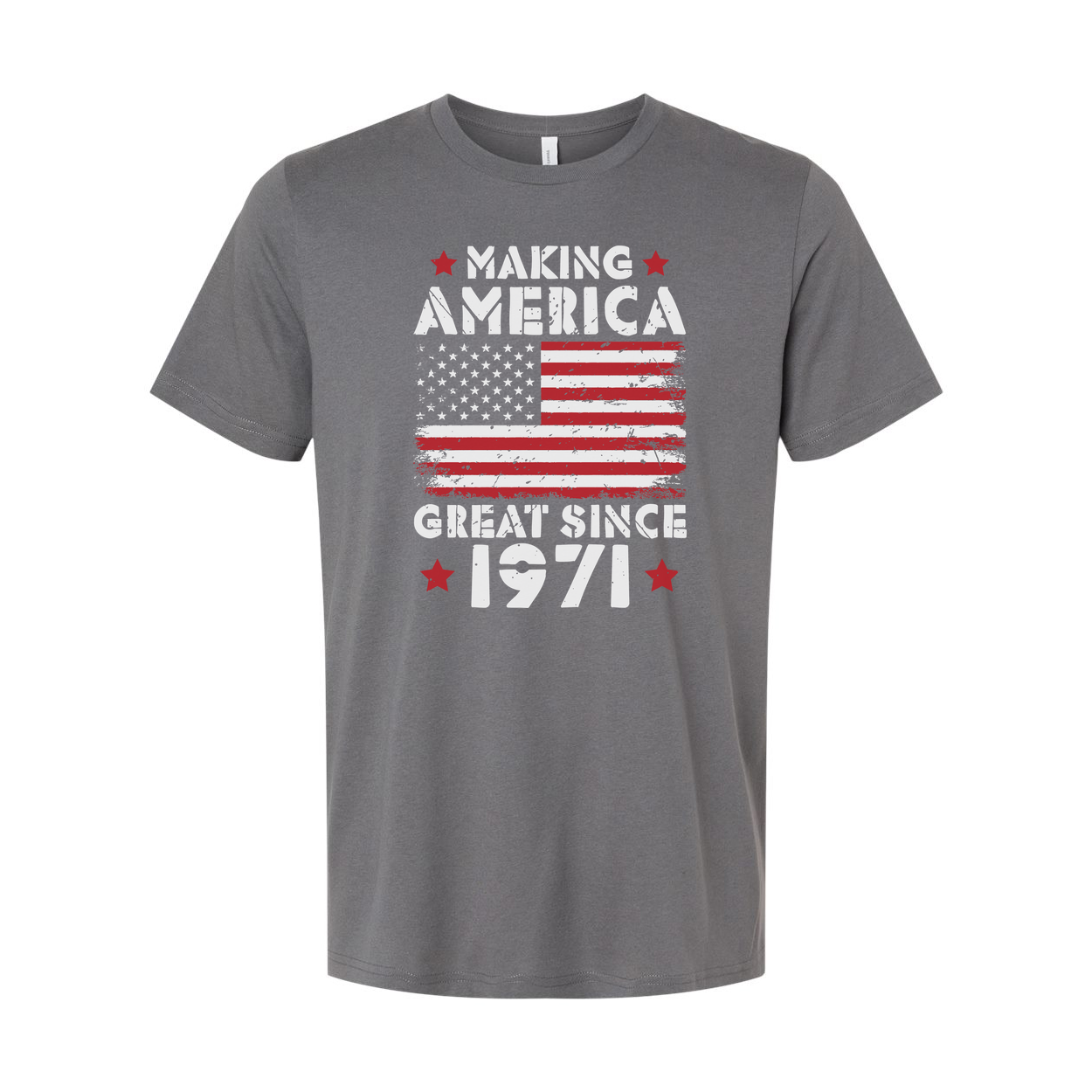 Unisex T Shirt With Distressed American Flag Graphic And Making America Great Since 1971