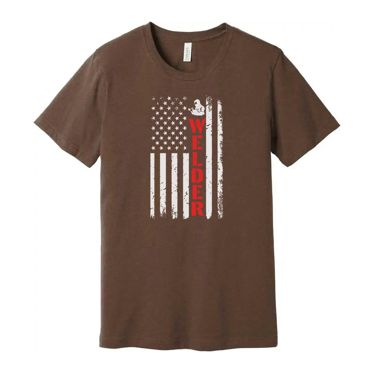 Unisex Welder Flag Graphic T Shirt With Distressed American Flag And Red Vertical Welder Text