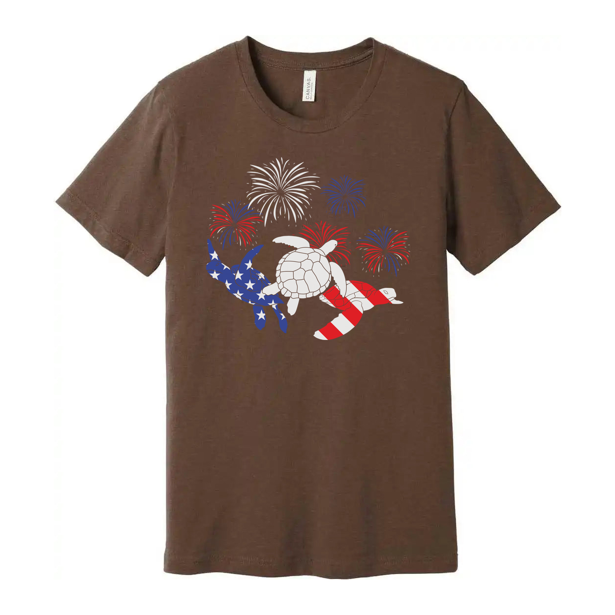 Stars And Stripes Turtle Graphic Tee With Fireworks Artwork For Independence Day And Summer Wear