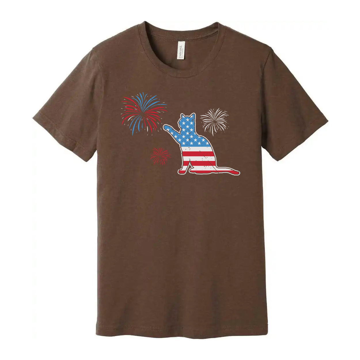 Patriotic Cat Graphic T Shirt With American Flag Pattern And Firework Design Unisex