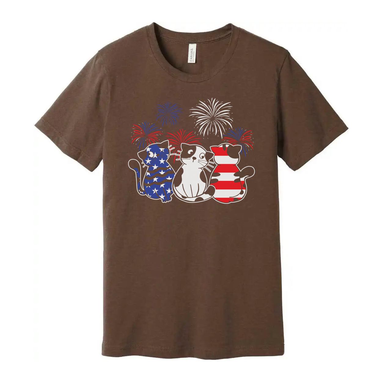 Patriotic Cat Trio T Shirt Featuring Three Cats With American Flag Patterns And Fireworks