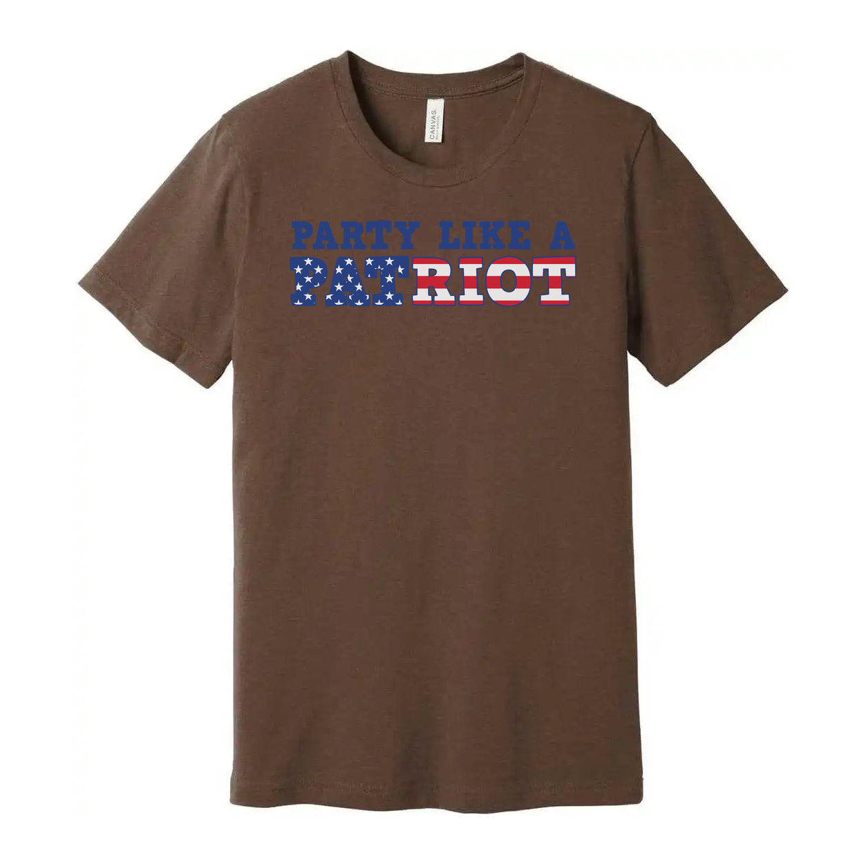 Unisex Short Sleeve Graphic Tee Featuring Party Like A Patriot With Stars And Stripes Lettering