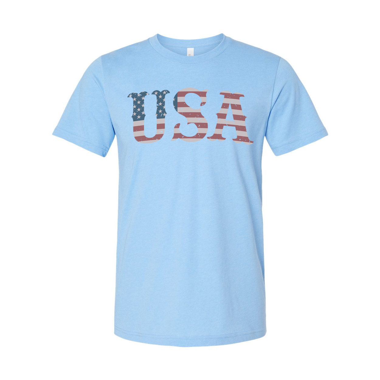 Unisex USA Flag Letter Graphic Tee With Distressed Stars And Stripes Design Short Sleeve