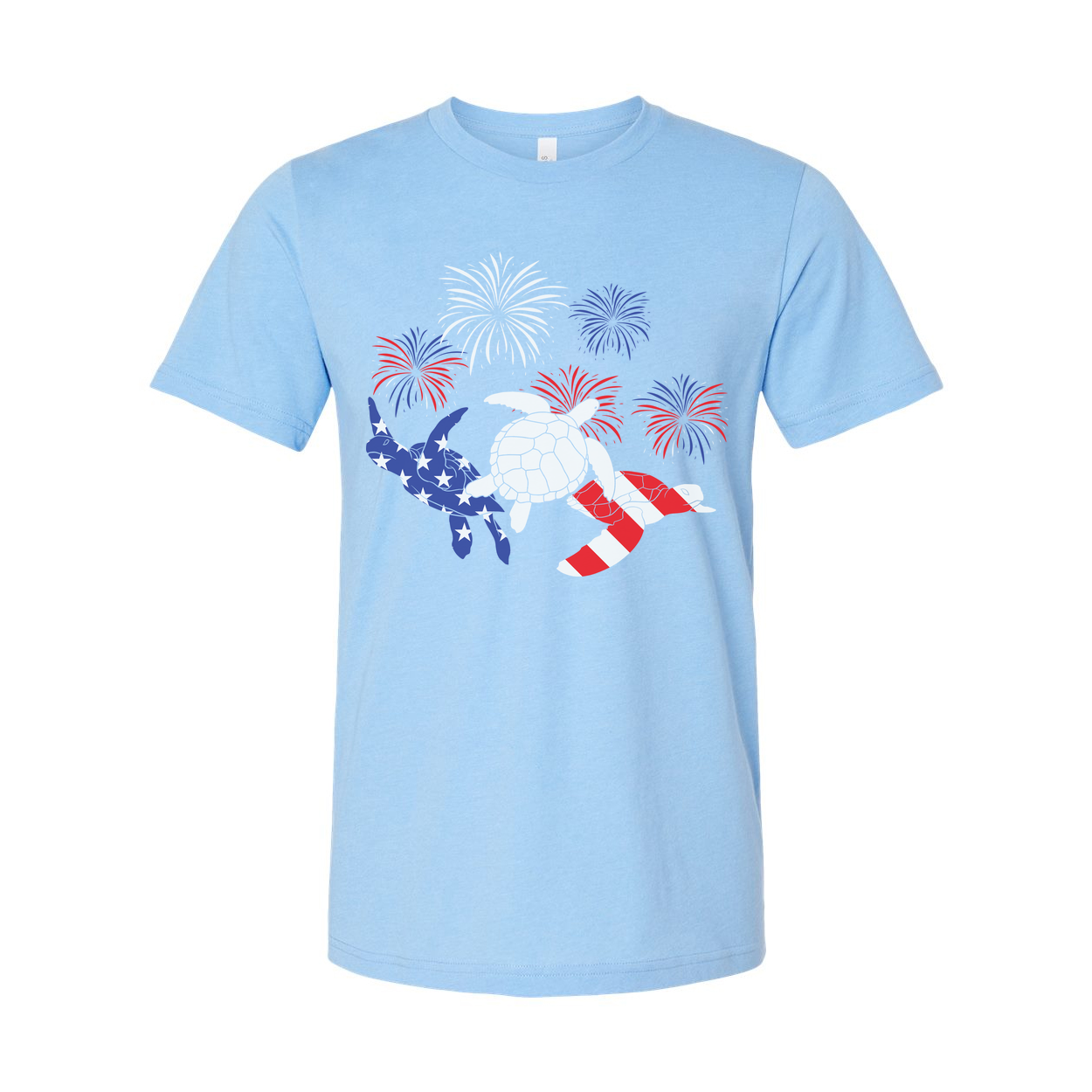 Stars And Stripes Turtle Graphic Tee With Fireworks Artwork For Independence Day And Summer Wear