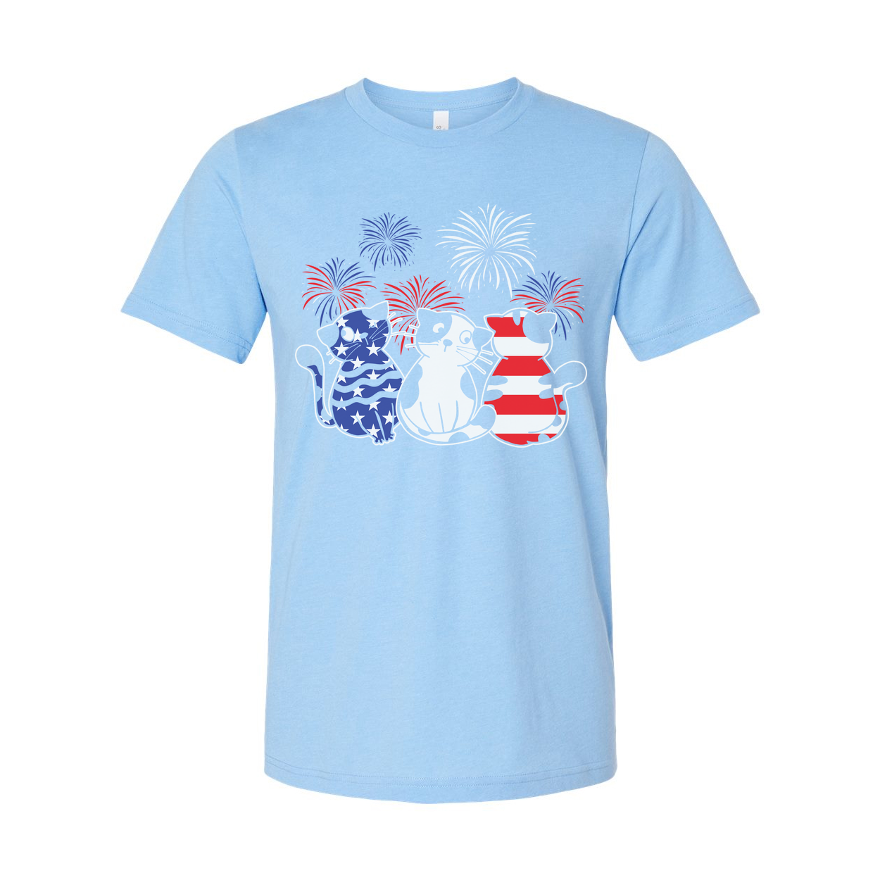 Patriotic Cat Trio T Shirt Featuring Three Cats With American Flag Patterns And Fireworks