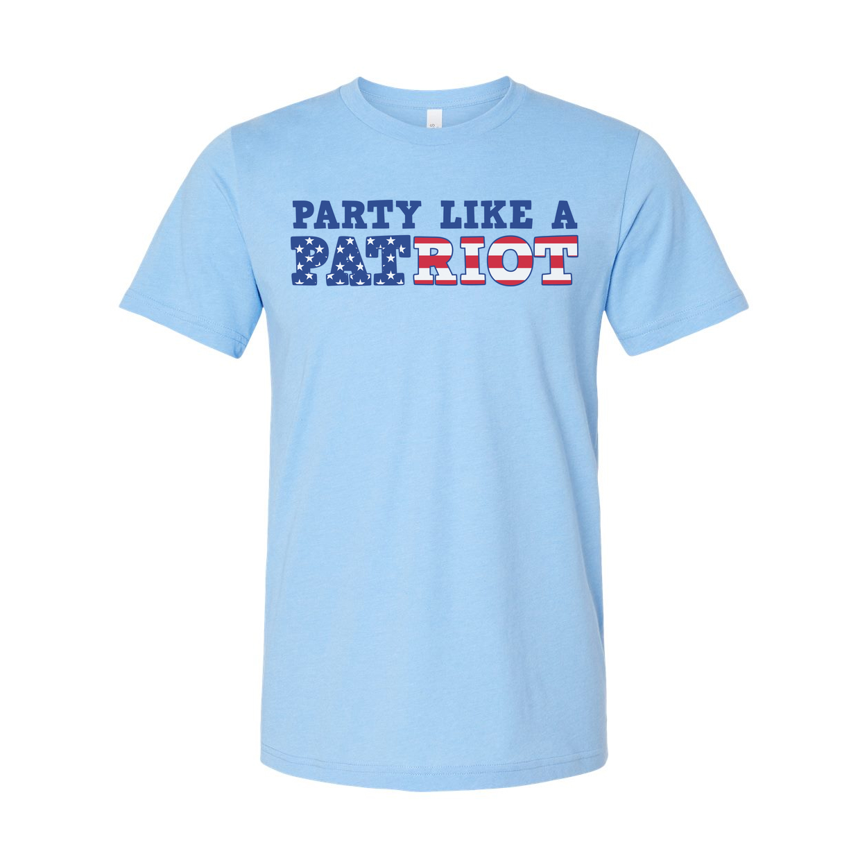 Unisex Short Sleeve Graphic Tee Featuring Party Like A Patriot With Stars And Stripes Lettering