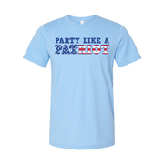Unisex Short Sleeve Graphic Tee Featuring Party Like A Patriot With Stars And Stripes Lettering