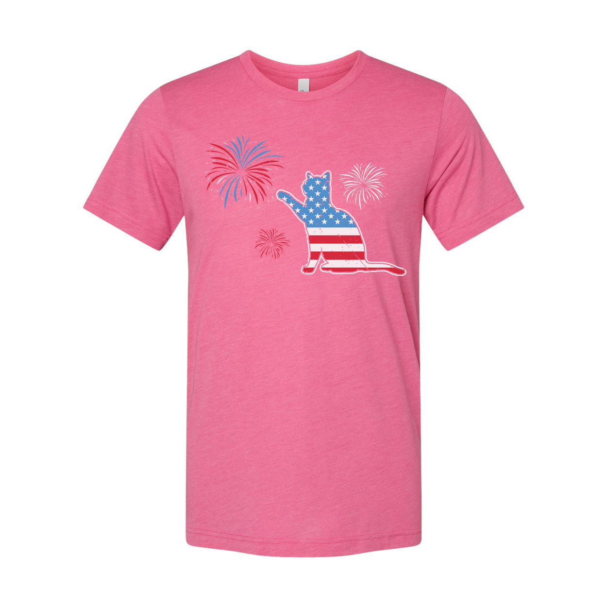 Patriotic Cat Graphic T Shirt With American Flag Pattern And Firework Design Unisex
