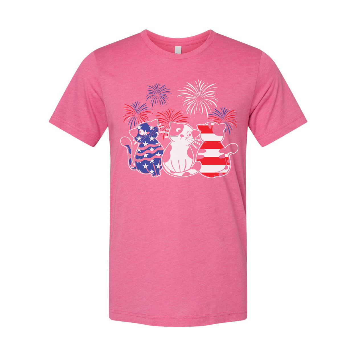 Patriotic Cat Trio T Shirt Featuring Three Cats With American Flag Patterns And Fireworks