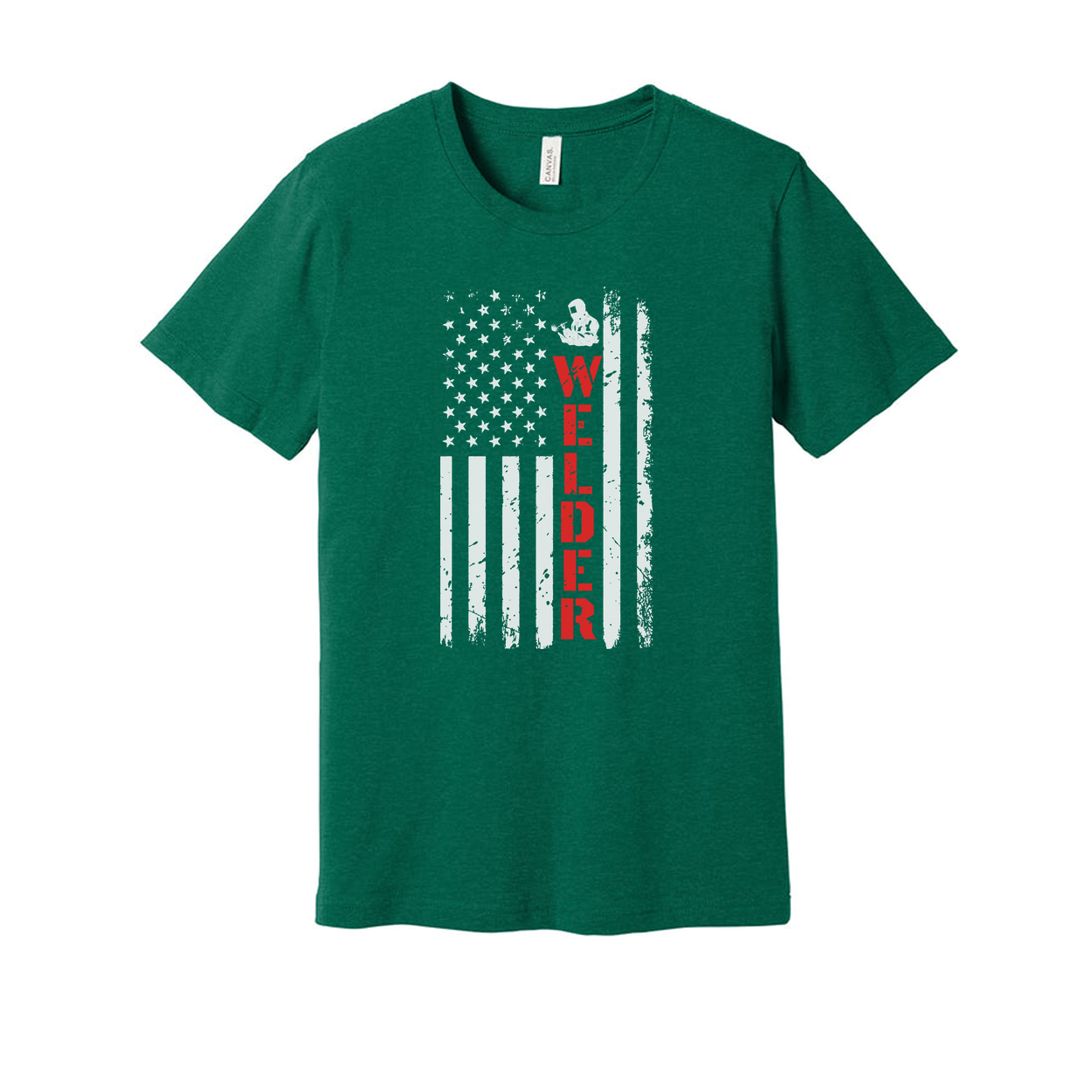 Unisex Welder Flag Graphic T Shirt With Distressed American Flag And Red Vertical Welder Text