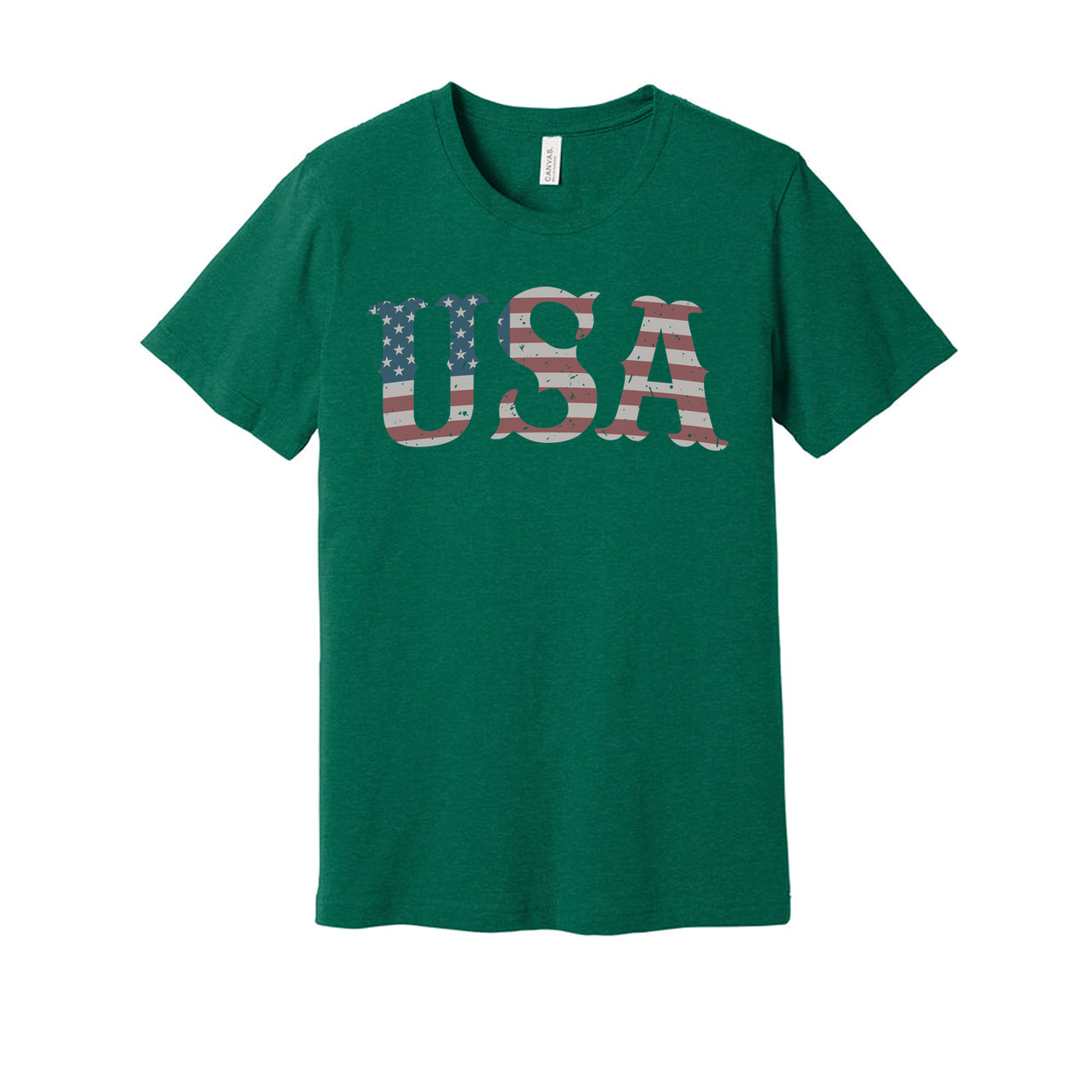 Unisex USA Flag Letter Graphic Tee With Distressed Stars And Stripes Design Short Sleeve