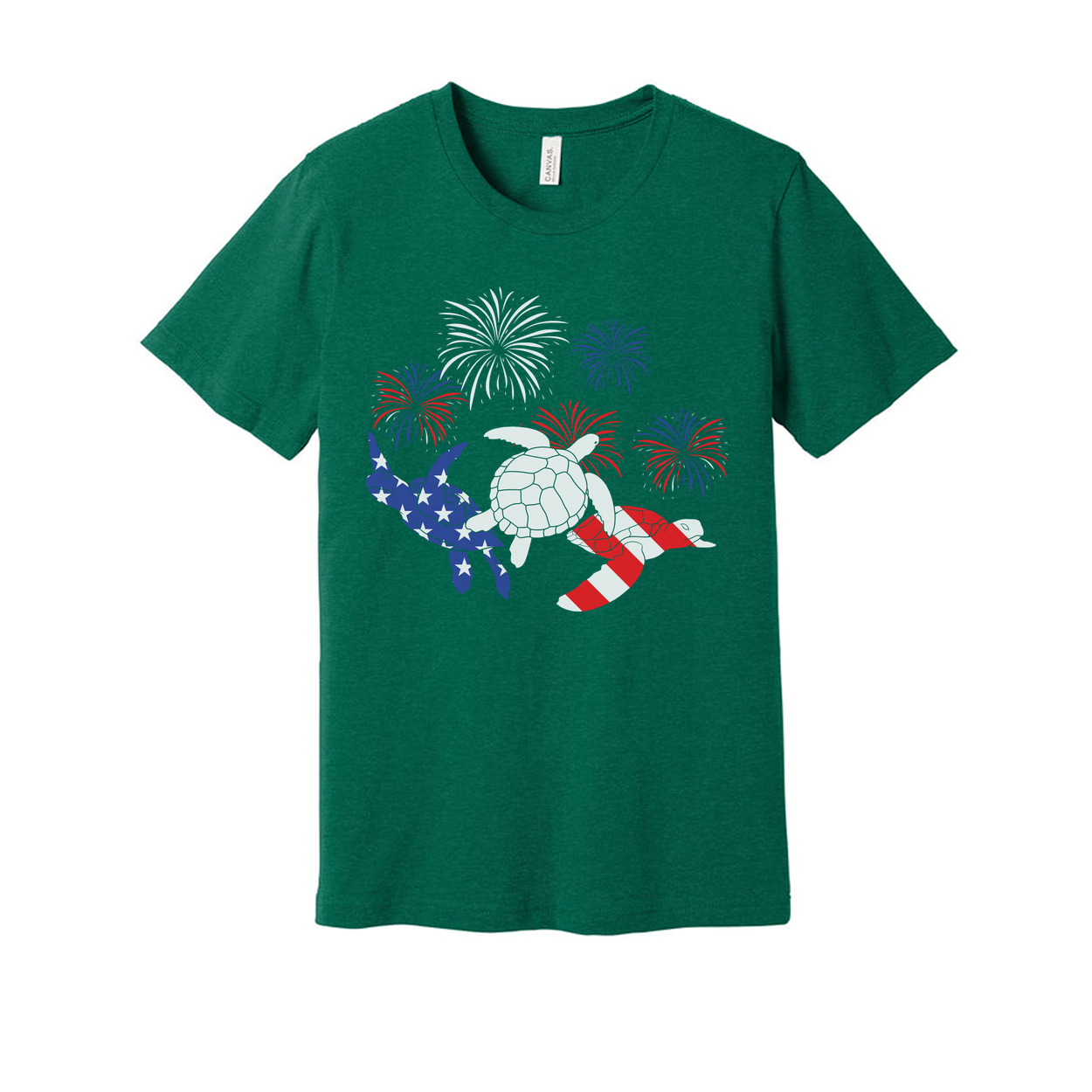 Stars And Stripes Turtle Graphic Tee With Fireworks Artwork For Independence Day And Summer Wear