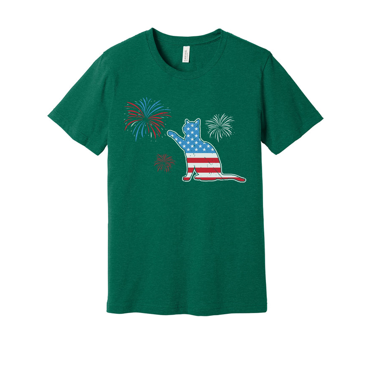 Patriotic Cat Graphic T Shirt With American Flag Pattern And Firework Design Unisex