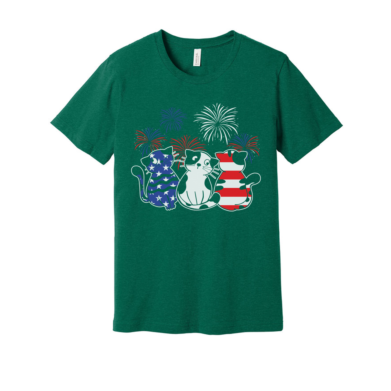 Patriotic Cat Trio T Shirt Featuring Three Cats With American Flag Patterns And Fireworks
