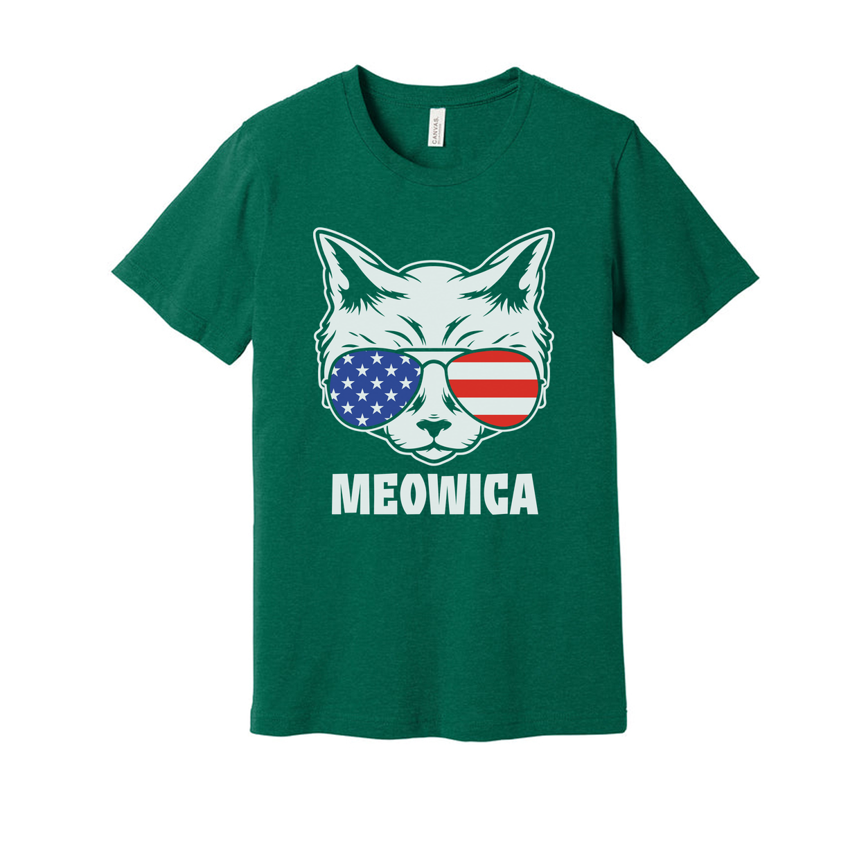 Meowica American Flag Sunglasses Cat Graphic Unisex Short Sleeve Tee With Bold Print