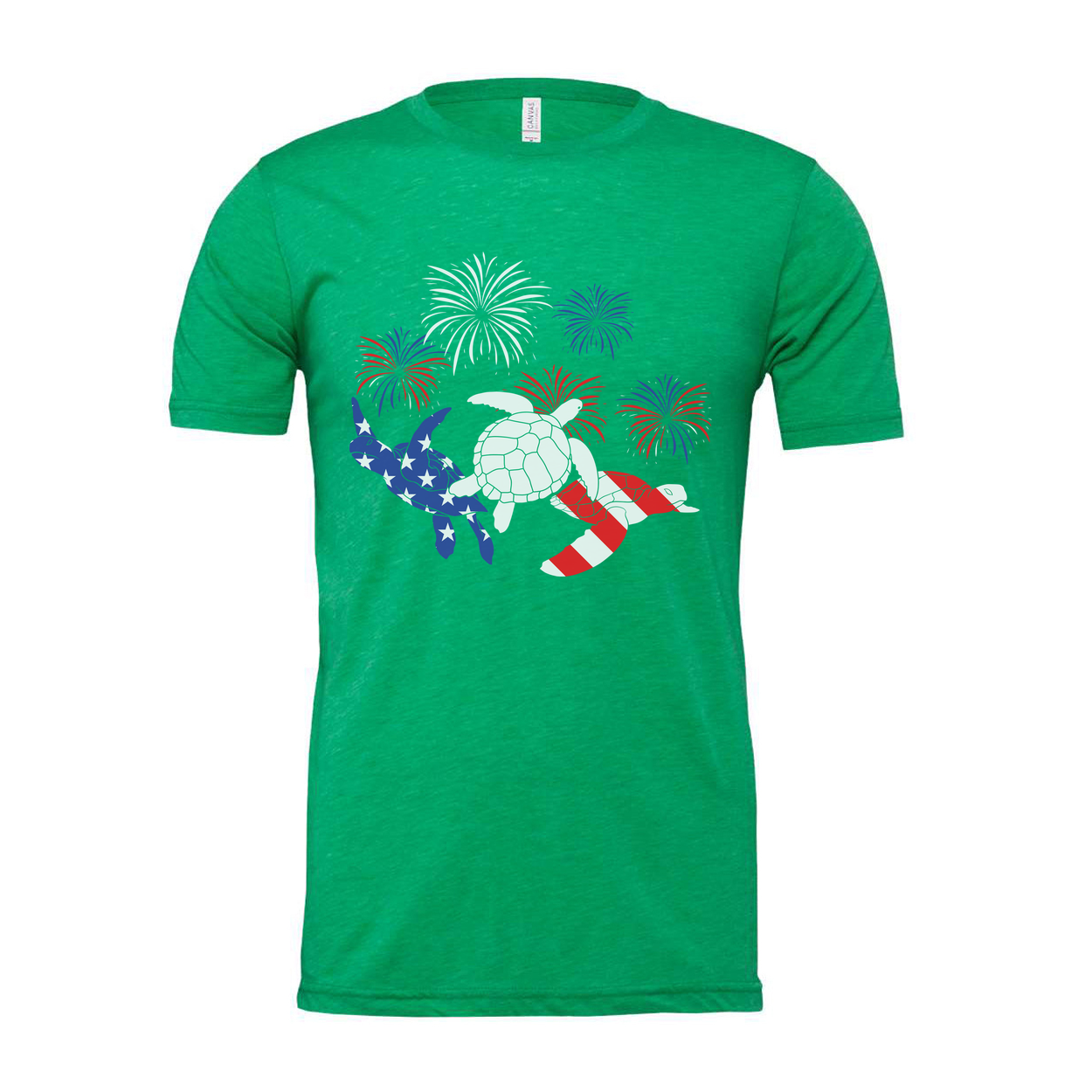 Stars And Stripes Turtle Graphic Tee With Fireworks Artwork For Independence Day And Summer Wear