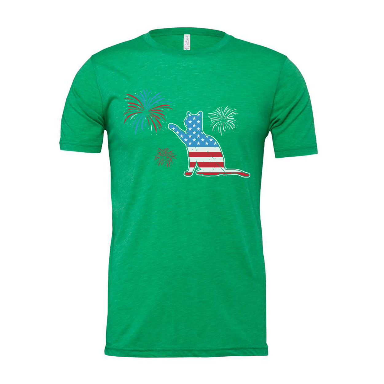 Patriotic Cat Graphic T Shirt With American Flag Pattern And Firework Design Unisex