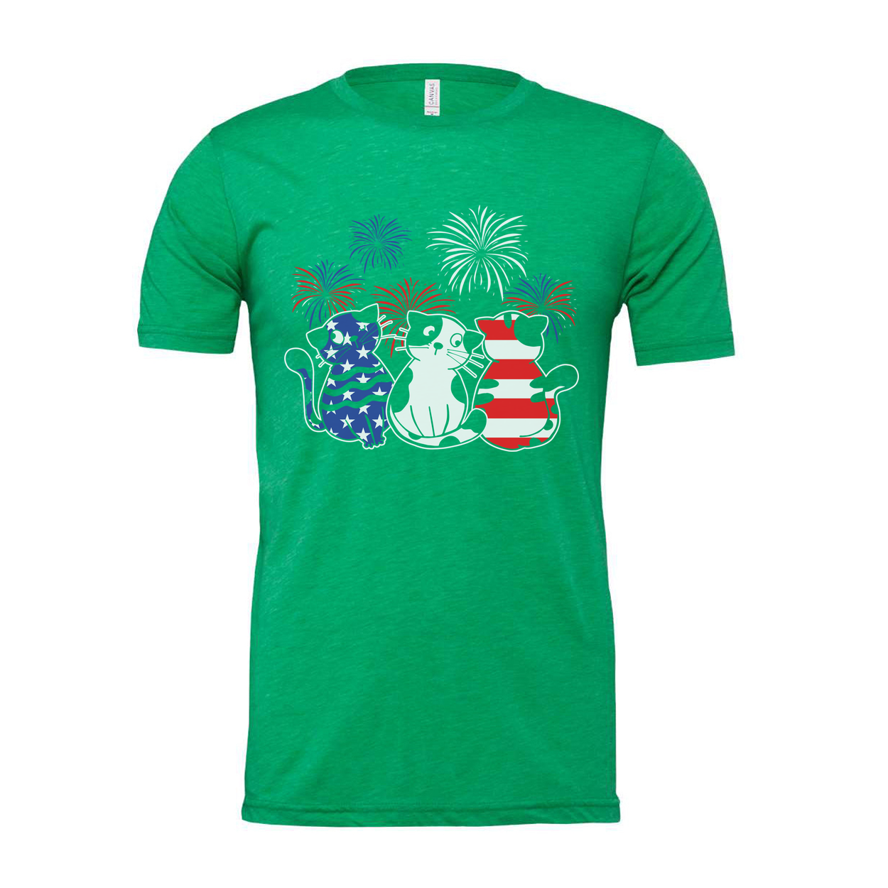 Patriotic Cat Trio T Shirt Featuring Three Cats With American Flag Patterns And Fireworks