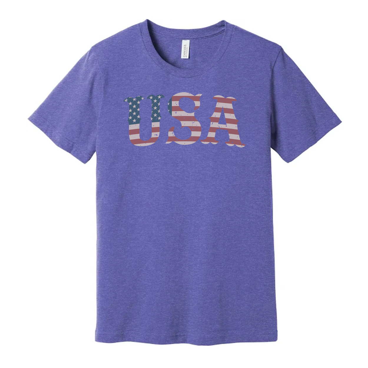 Unisex USA Flag Letter Graphic Tee With Distressed Stars And Stripes Design Short Sleeve