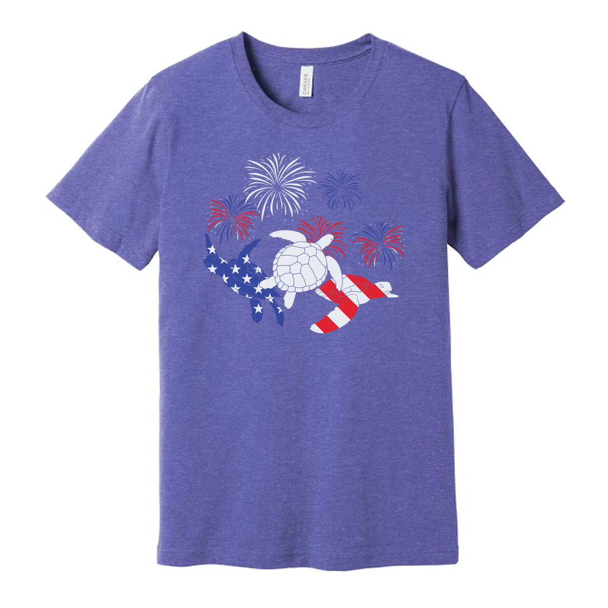 Stars And Stripes Turtle Graphic Tee With Fireworks Artwork For Independence Day And Summer Wear